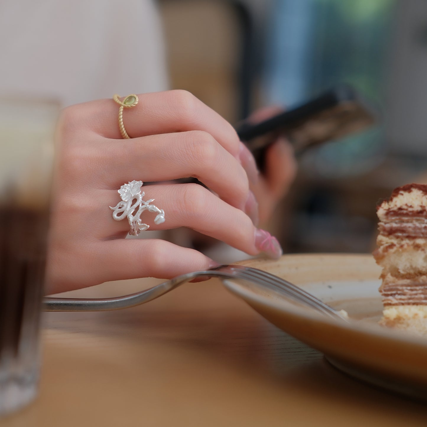Snake and Apple Ring-Adjustable Sterling silver Botanical Jewelry