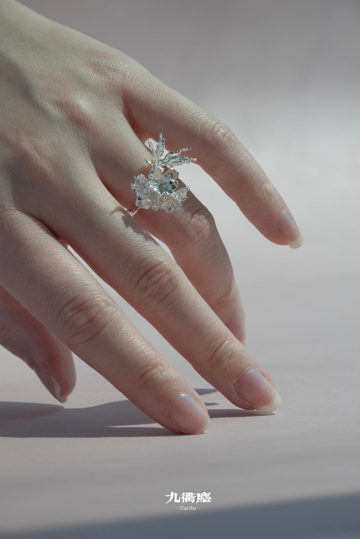 Sakura Scroll Ring-Adjustable Sterling Silver Botanical Jewelry