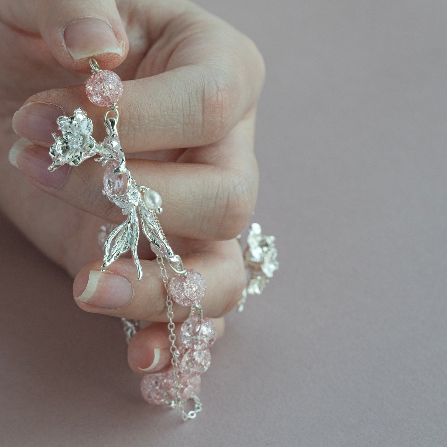 Sakura Scroll Beaded Bracelet-Adjustable Sterling Silver Botanical Jewelry