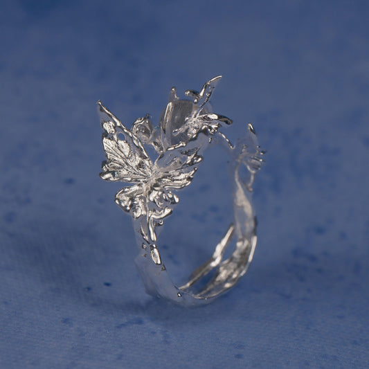 Butterfly and Moonlight Ring-Adjustable Sterling silver Botanical Jewelry